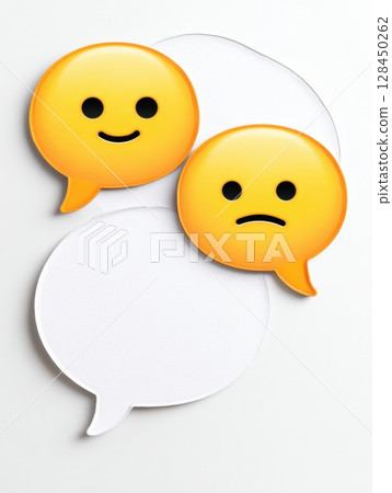 Two colorful speech bubbles featuring a happy and a sad emoji face invite viewers to contemplate emotions and engage in meaningful conversations without text 128450262