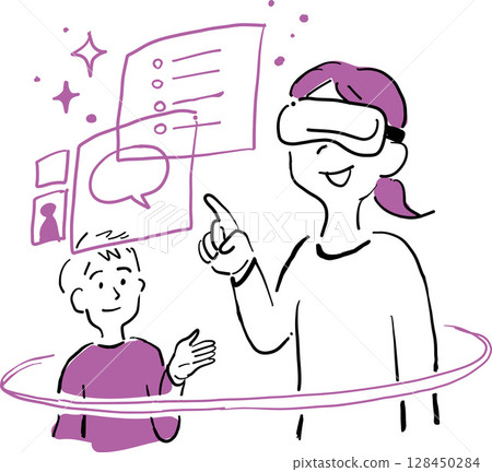 一位女士使用 VR 眼鏡體驗虛擬空間的插圖 一位女士使用 VR 眼鏡體驗虛擬空間的插圖 128450284