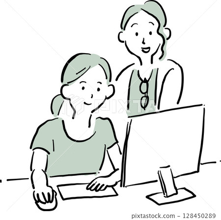 Illustration of a woman working on a computer and a woman supporting her 128450289