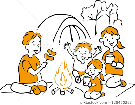 Illustration of a family enjoying camping around a bonfire 128450292