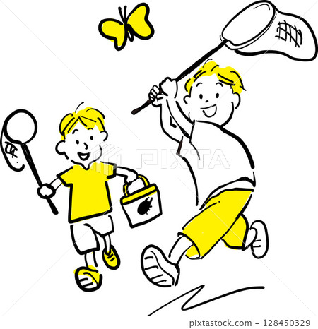 男孩捉昆蟲的插圖 128450329