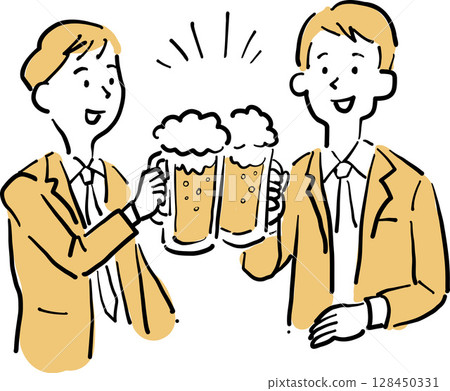 Illustration of a man in a suit toasting with beer 128450331
