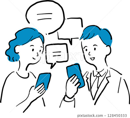 一名男子和一名女子在智慧型手機上聊天的插圖 一名男子和一名女子在智慧型手機上聊天的插圖 128450333