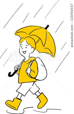 Illustration of a child walking in the rain 128450337