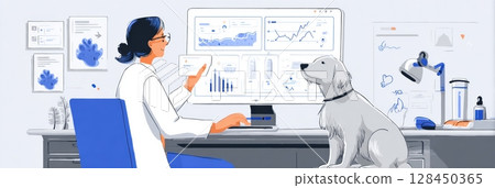 A vet reviews detailed dog DNA test results on a sleek dashboard, with a curious dog nearby in a modern clinic. 128450365