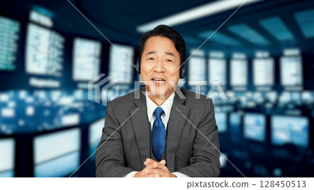 Announcer, commentator, commentator speaking on news programs Announcer, commentator, commentator speaking on news programs 128450513