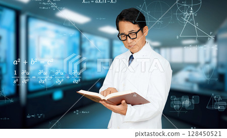 Science and technology image with a researcher reading a book at a research institute 128450521