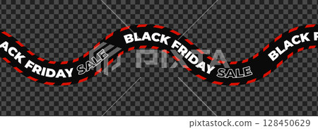 Black Friday sale banner on wavy striped ribbon, bold typography, urgent retail promo. Best for marketing campaign, advertising template, digital commerce. Flat vector illustration 128450629