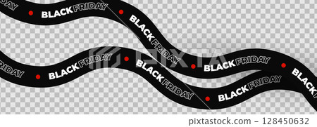 Black Friday text on curved black tape with red dots, bold modern design. Attention-grabbing banner for urgent retail sale promotion. Flat vector illustration. 128450632