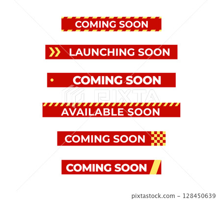 Launching Soon red banner tape collection with arrow and dot accents for new product launch, shop opening, sale campaign, retail alert, announcement message, store promo. Vector illustration set. 128450639