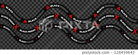 Black Friday tape with warning icons, alert signs, bold text on wavy ribbon. Urgency, danger, clearance promotion for high-impact campaigns. Flat vector illustration. 128450643