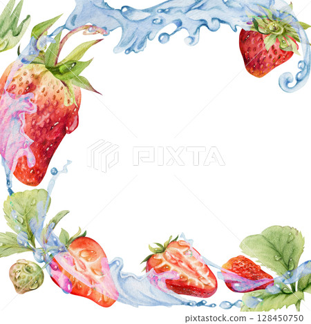 Strawberry berries leaves flying in water splash dew drops, ripe garden pineberry strasberry hand drawn in watercolor. Isolated square border corner frame. Farmers market menu, food drink packaging Strawberry berries leaves flying in water splash dew drops, ripe garden pineberry strasberry hand drawn in watercolor. Isolated square border corner frame. Farmers market menu, food drink packaging 128450750