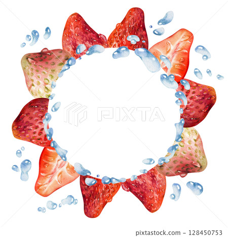 Strawberry berries full and cut in half wreath flying with water splash, dew drops hand drawn in watercolor. Ripe garden pineberry strasberry. Isolated circle frame. Fresh grocery, preserves cookbook Strawberry berries full and cut in half wreath flying with water splash, dew drops hand drawn in watercolor. Ripe garden pineberry strasberry. Isolated circle frame. Fresh grocery, preserves cookbook 128450753