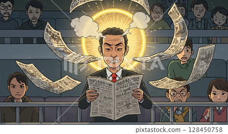 Immersed in horse racing predictions! A man gazing at the data with the gaze of a gambler 128450758