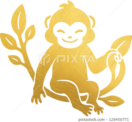 A monkey is sitting on a tree, holding a banana with a gentle, squinting eye and a satisfied smile. 128450771