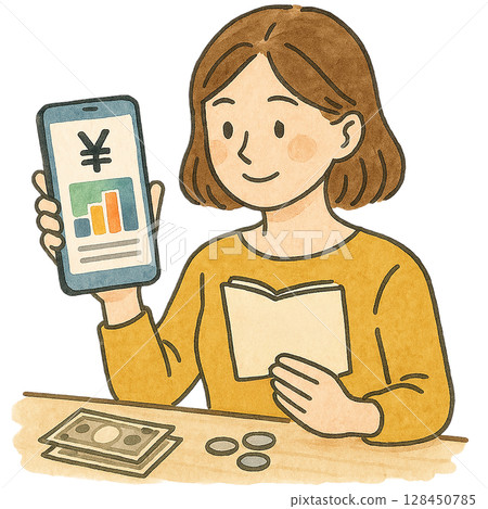 一位女士使用智慧型手機管理家庭財務的插圖 128450785