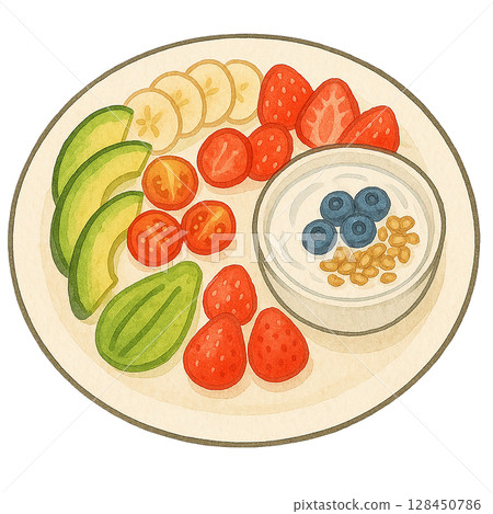 早餐盤插圖，包括優格和水果 128450786