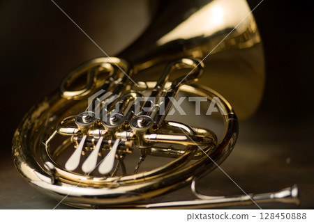 french horn an ancient musical metal instrument popular in classical brass music an instrument beloved by children and adults, amateurs and professionals french horn an ancient musical metal instrument popular in classical brass music an instrument beloved by children and adults, amateurs and professionals 128450888