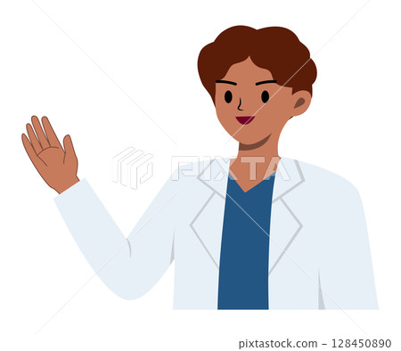 Male doctor cartoon raising his hand for advice or suggest. Medical, recommendation, hospital and health care concept. Character design 128450890