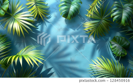 Tropical palm leaves cast playful shadows on a sunny blue wall, perfect for summer travel, exotic foliage patterns, or fresh botanical nature design elements 128450916