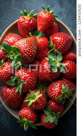 Ripe organic strawberries in a rustic bowl show juicy texture and rich red color, ideal for healthy food blogs, summer recipes, or fresh farm produce features 128450920