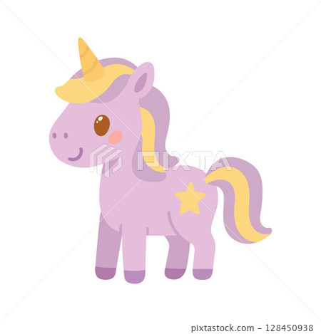 Adorable purple unicorn with a yellow mane and star mark, designed for magical storybooks, fantasy themes, or charming children illustrations Adorable purple unicorn with a yellow mane and star mark, designed for magical storybooks, fantasy themes, or charming children illustrations 128450938