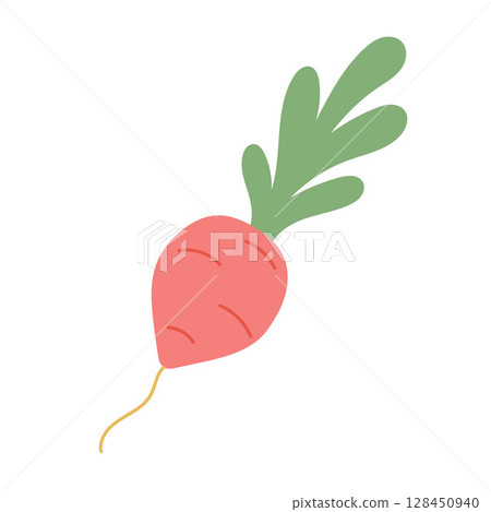 Whimsical pink carrot with leafy green top, suitable for spring farm graphics, vegetarian cookbook art, or playful organic market branding 128450940