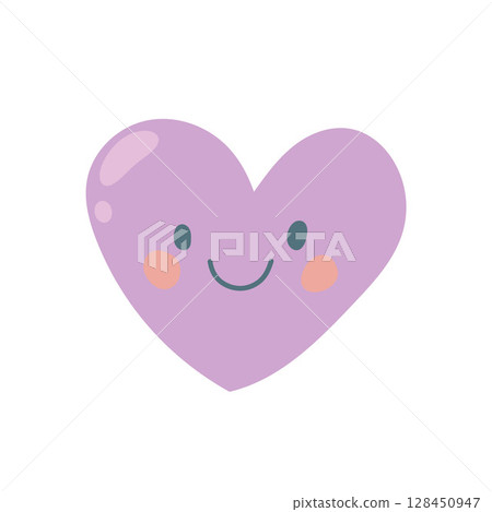 Cute purple heart with cheerful smile and blush cheeks, ideal for Valentines Day graphics, baby designs, or positive emotional expression icons 128450947