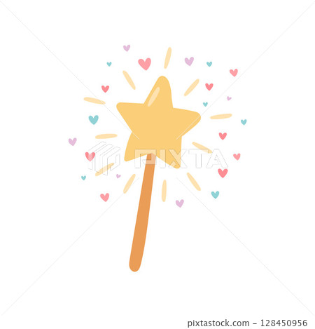 Golden star wand sparkles with floating hearts and magical energy in this dreamy illustration perfect for fantasy, spell, and fairytale scenes Golden star wand sparkles with floating hearts and magical energy in this dreamy illustration perfect for fantasy, spell, and fairytale scenes 128450956