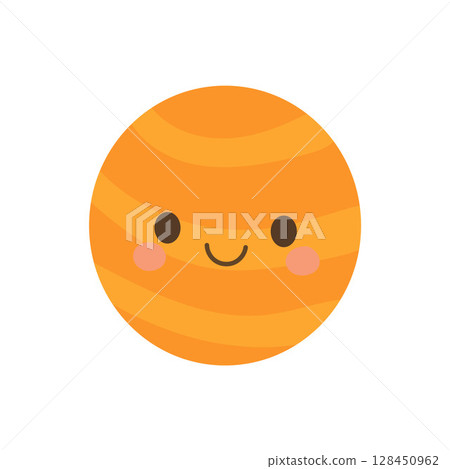Cute cartoon planet with a bright orange surface and cheerful face, ideal for kids space themes, educational posters, or playful astronomy graphics 128450962