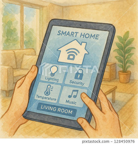 A tablet for controlling the smart home in the living room 128450976