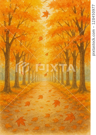 A landscape of autumn leaves and a tree-lined road A landscape of autumn leaves and a tree-lined road 128450977