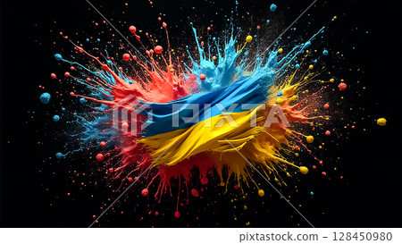 Vibrant explosion of colors with a Ukrainian flag in a dynamic display of art celebrating national pride and resilience Vibrant explosion of colors with a Ukrainian flag in a dynamic display of art celebrating national pride and resilience 128450980