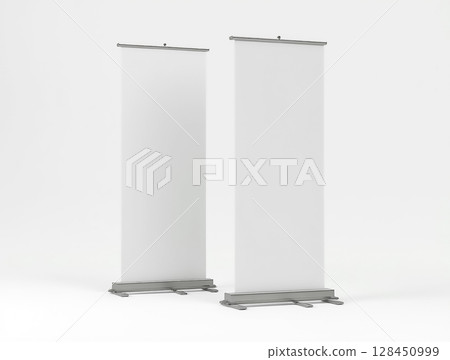 Blank display banner standing on a solid surface, ideal for advertising and promotional events Blank display banner standing on a solid surface, ideal for advertising and promotional events 128450999