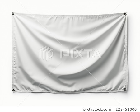 Blank white fabric hanging against a plain background for display or design purposes 128451006
