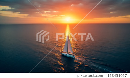 Sailing into the sunset over calm waters with a breathtaking view of the sky 128451037