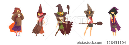Little Girl Witch Character in Hat Vector Set 128451104