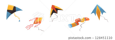 Kite as Wind Flying Toy with Tail for Kids Vector Set. 128451110