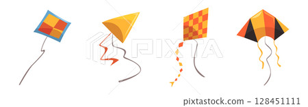 Kite as Wind Flying Toy with Tail for Kids Vector Set. 128451111