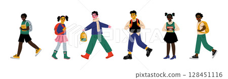 Happy Children with Backpack Going to Elementary or Middle School Vector Set Happy Children with Backpack Going to Elementary or Middle School Vector Set 128451116