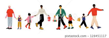 Happy Children with Backpack Going to Elementary or Middle School with Parent Vector Set Happy Children with Backpack Going to Elementary or Middle School with Parent Vector Set 128451117
