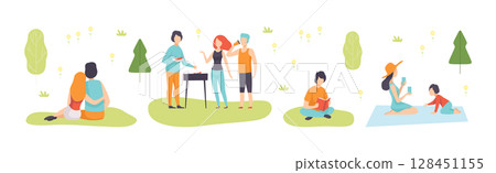 People Character at Picnic in Park Enjoy Summer Vector Set 128451155