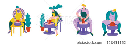 Pottery Workshop with Man and Woman Doing Clay Pot Vector Set 128451162
