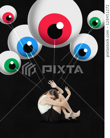Conceptual digital artwork. Woman hiding from colorful eyes in surveillance-themed collage illustration 128451272