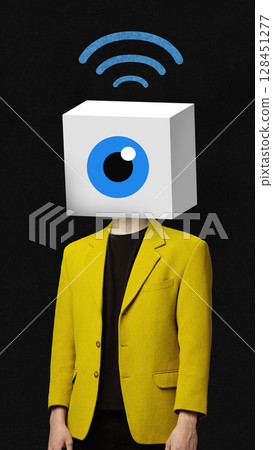 Conceptual artwork. Cube-headed businessman with digital eyeball and Wi-Fi signal Conceptual artwork. Cube-headed businessman with digital eyeball and Wi-Fi signal 128451277