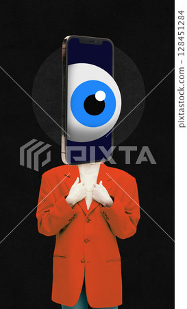 Surreal composition. Person with smartphone screen as head displaying blue eye in red blazer on black 128451284