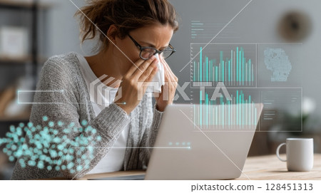 Person sneezes while using a digital device that displays a health report, reflecting a moment of illness or allergy at home in a comfortable environment. Person sneezes while using a digital device that displays a health report, reflecting a moment of illness or allergy at home in a comfortable environment. 128451313