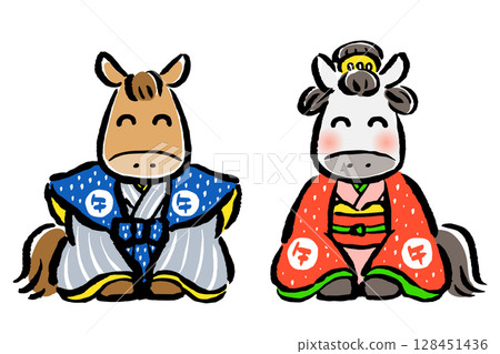 Smiling man and woman dressed in traditional Japanese clothing exchanging New Year's greetings Smiling man and woman dressed in traditional Japanese clothing exchanging New Year's greetings 128451436