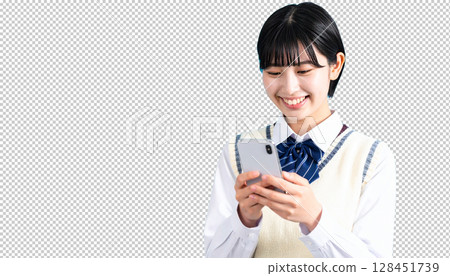 Smiling high school girl looking at her smartphone (transparent background) 128451739