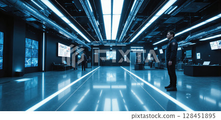 Futuristic Neon-Infused Industrial Space with Smart Interactive Features - Reflective polished epoxy flooring, deep blue neon LED strips, integrated AI-powered 128451895